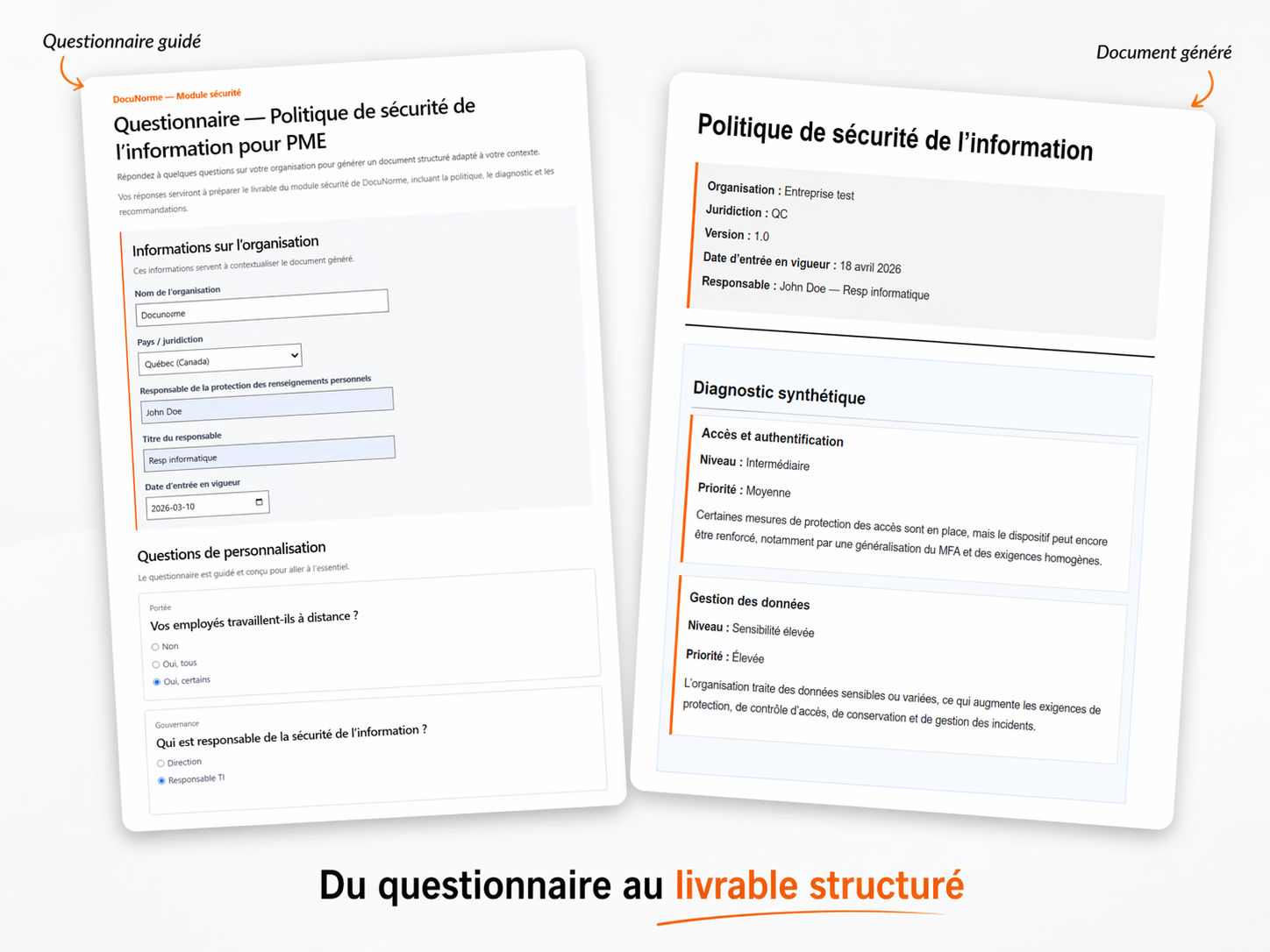 Aperçu du questionnaire guidé et du document généré du module InfoSécurité